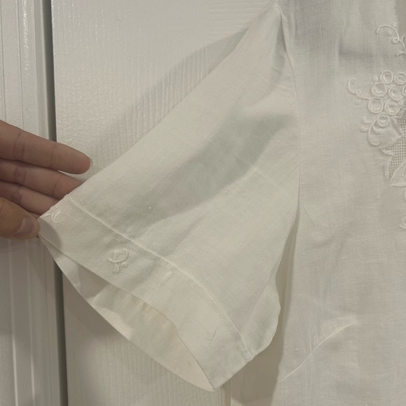 Vintage Hand Embroidered 100% Linen Button Down Short Sleeve Shirt Ivory White - Picture 8 of 11
